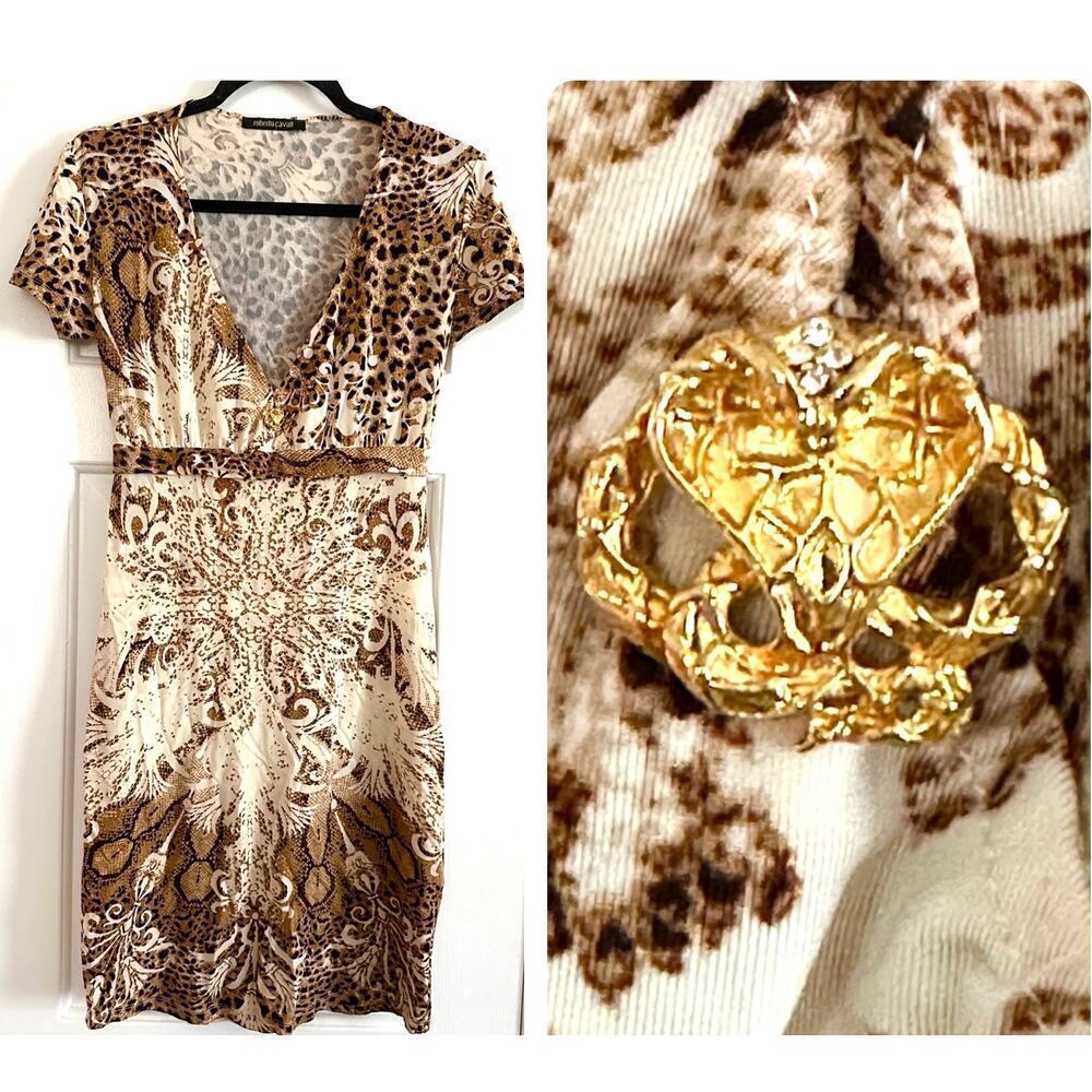 ROBERTO CAVALLI Leopard Floral Animal Snake Print Dress Gold Python Hardware - M
